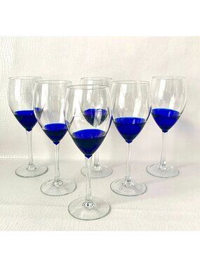 6  MCM Wine Glasses Cobalt Blue & Clear Tall Vintage Barware Cocktail Glasses